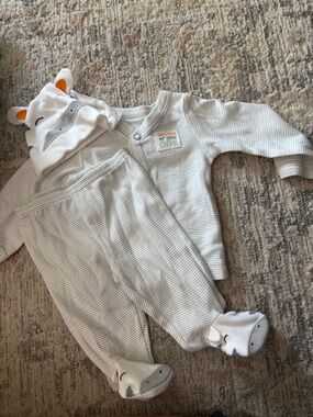 Carter's White and Light Gray Striped Footed One-Piece with Animal Hat
